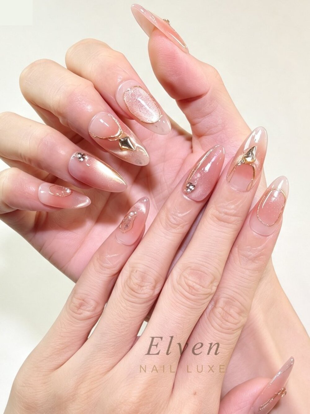 Blush Nude And Pink Cat Eye Almond Press On Nails With Rhinestone